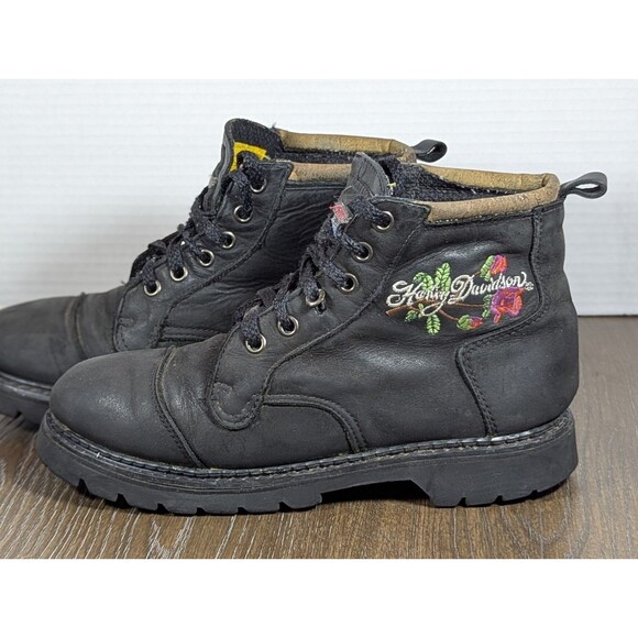 VTG HARLEY DAVIDSON Leather Motorcycle Boots Womens 7 Black Embroidered Rose - Picture 2 of 15